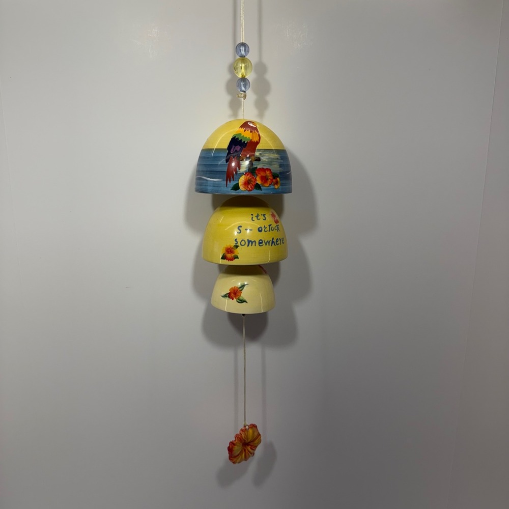 Tropical Parrot Ceramic Wind Chime Its 5 OClock Somewhere Yellow Tiered Bell